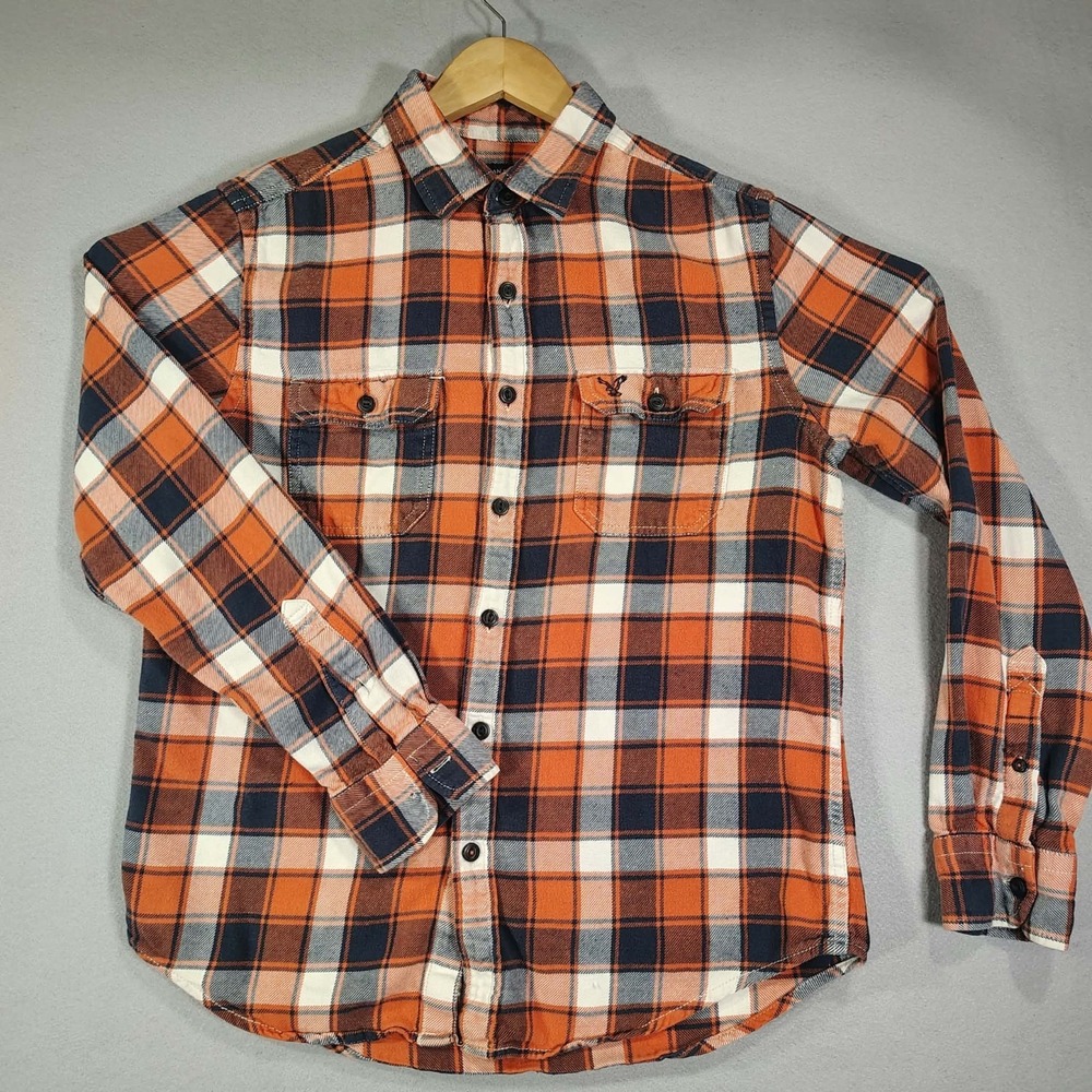 Men's American Eagle Orange, Navy, White Plaid Button-Down Shirt Sz Medium